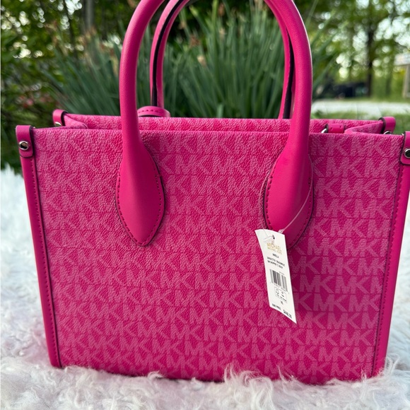 Michael Kors Mirella Small Leather Mk Logo Broad Shoulder Strap Dragon Fruit - Picture 4 of 11